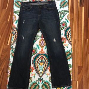 Distressed low rise bootcut blue jeans